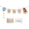 BANNER + COURONNE ONE DECORATIVE OURS COULEURS CREME ROSE ET BLEU