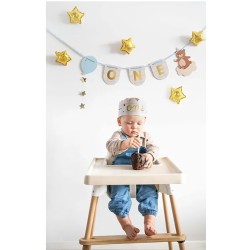 BANNER + COURONNE ONE DECORATIVE OURS COULEURS CREME ROSE ET BLEU