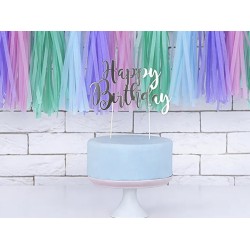TOP OU PIQUE GATEAU CAKE TOPPER HAPPY BIRTHDAY ARGENT