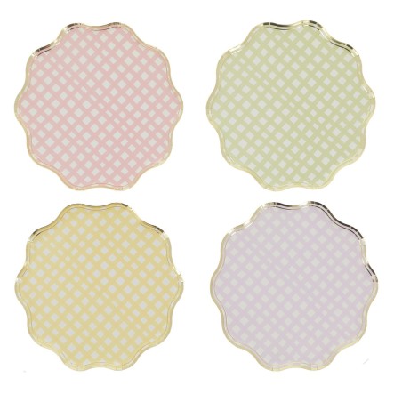 8 ASSIETTES VICHY PASTEL 23 CM LILAS ROSE VERT JAUNE OR ASSORTIS