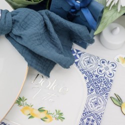 16 SERVIETTES DOLCE VITA BLEU ROI , BLANC ET OR + CITRONS 33 X 33 CM 3 PLIS