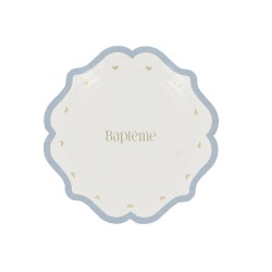 8 ASSIETTES BAPTEME BLEU ORAGE, BLANC ET OR 18 CM