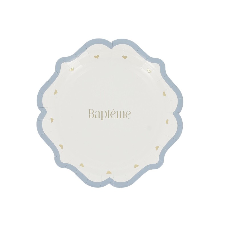 8 ASSIETTES BAPTEME BLEU ORAGE, BLANC ET OR 18 CM  8 ASSIETTES BAPTEME BLEU ORAGE, BLANC ET OR 18 CM