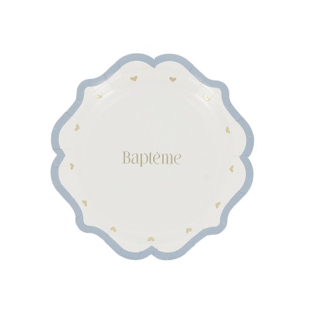 8 ASSIETTES BAPTEME BLEU ORAGE, BLANC ET OR 18 CM 