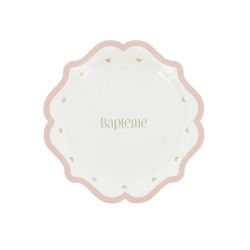 8 ASSIETTES BAPTEME ROSE, BLANC ET OR 18 CM