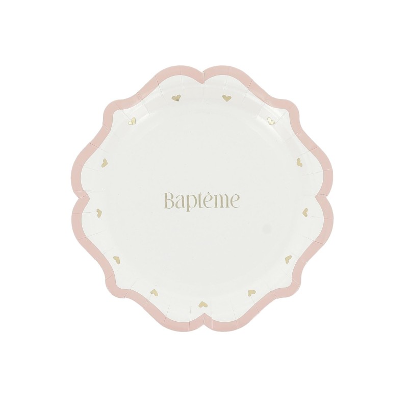 8 ASSIETTES BAPTEME ROSE, BLANC ET OR 18 CM  8 ASSIETTES BAPTEME ROSE, BLANC ET OR 18 CM