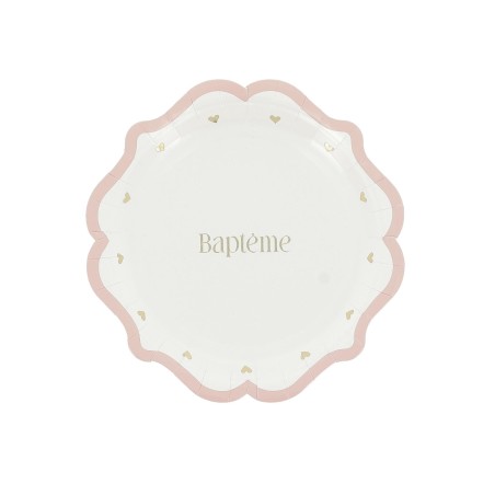 8 ASSIETTES BAPTEME ROSE, BLANC ET OR 18 CM 
