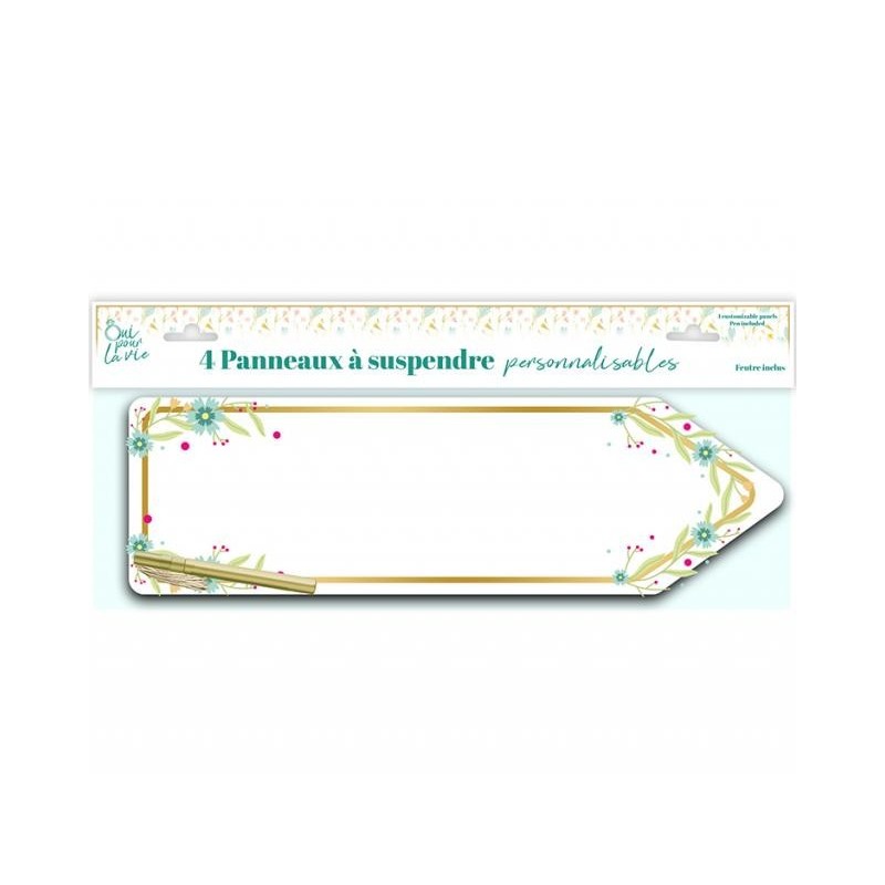 4 FLECHES SIGNALETIQUES A SUSPENDRE BLANC DECOR VEGETAL+ STYLO OR 4 FLECHES SIGNALETIQUES A SUSPENDRE BLANC DECOR VEGETAL+ STYLO OR