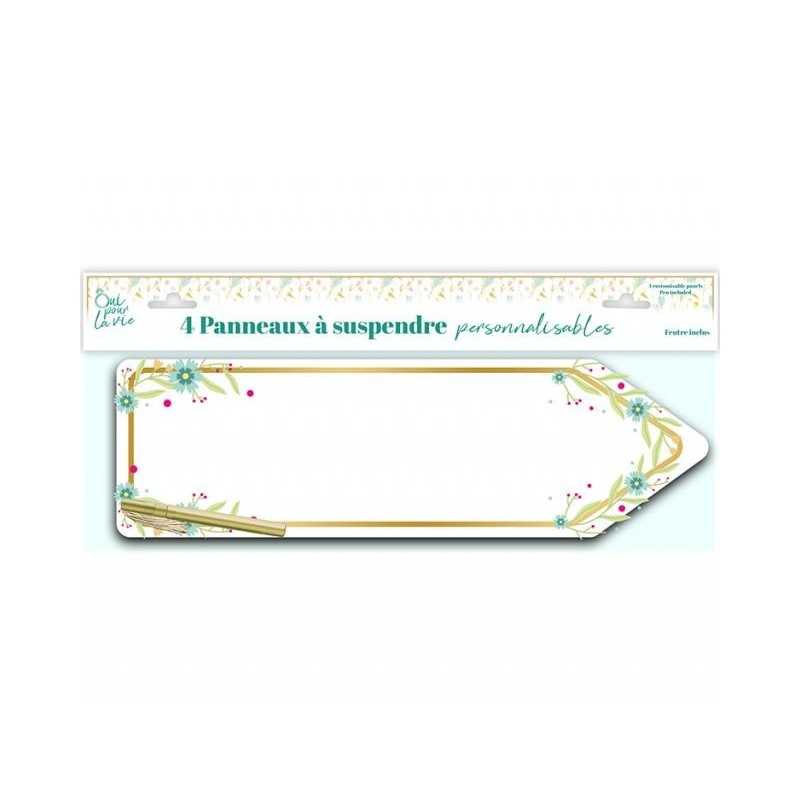 4 FLECHES SIGNALETIQUES A SUSPENDRE BLANC DECOR VEGETAL+ STYLO OR