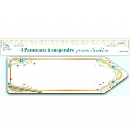 4 FLECHES SIGNALETIQUES A SUSPENDRE BLANC DECOR VEGETAL+ STYLO OR