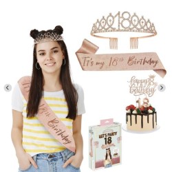 PACK ANNIVERSAIRE 18 ANS ECHARPE DIADEME CAKE TOPPER ET BOUGIES