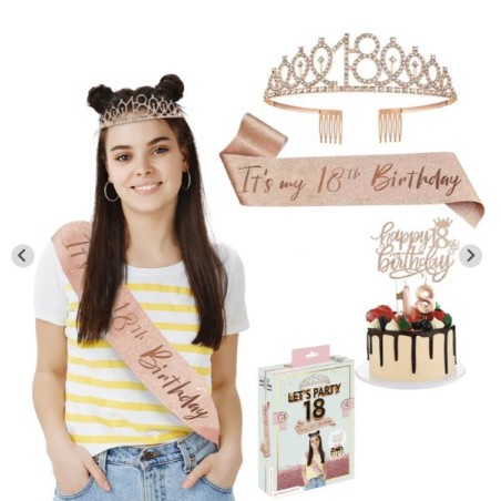PACK ANNIVERSAIRE 18 ANS ECHARPE DIADEME CAKE TOPPER ET BOUGIES
