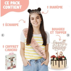 PACK ANNIVERSAIRE 18 ANS ECHARPE DIADEME CAKE TOPPER ET BOUGIES