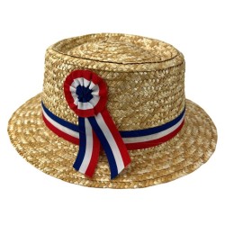 CHAPEAU PAILLE NATURELLE CANOTIER RUBAN ET COCARDE TRICOLORE BLEU BLANC ROUGE