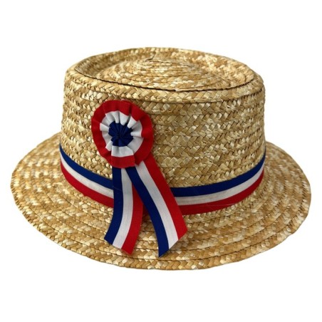 CHAPEAU PAILLE NATURELLE CANOTIER RUBAN ET COCARDE TRICOLORE BLEU BLANC ROUGE