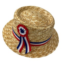 CHAPEAU PAILLE NATURELLE CANOTIER RUBAN ET COCARDE TRICOLORE BLEU BLANC ROUGE