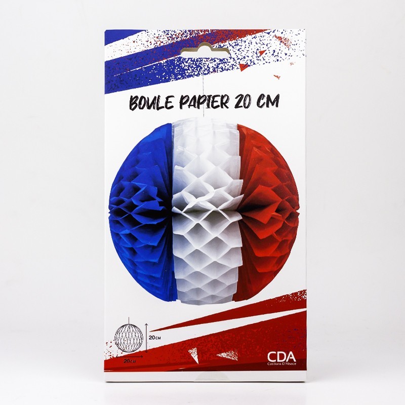 BOULE ALVEOLEE EN PAPIER TRICOLORE BLEU BLANC ROUGE 20 CM BOULE ALVEOLEE EN PAPIER TRICOLORE BLEU BLANC ROUGE 20 CM