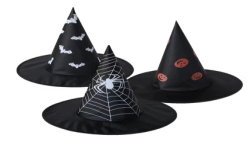 CHAPEAU DE SORCIERE ENFANT NOIR MOTIF ARAIGNEE CHAUVE SOURIS OU CITROUILLE