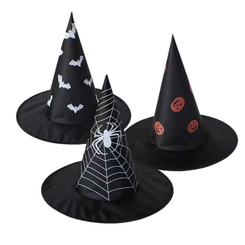 CHAPEAU DE SORCIERE ENFANT NOIR MOTIF ARAIGNEE CHAUVE SOURIS OU CITROUILLE
