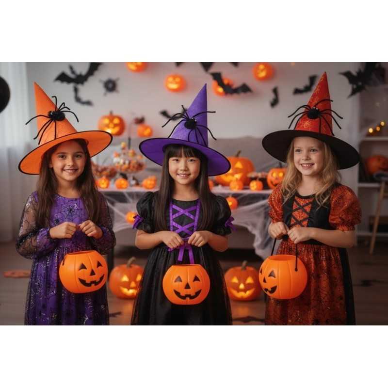 CHAPEAU DE SORCIERE ENFANT VIOLET ORANGE OU ROUGE AVEC ARAIGNEE 