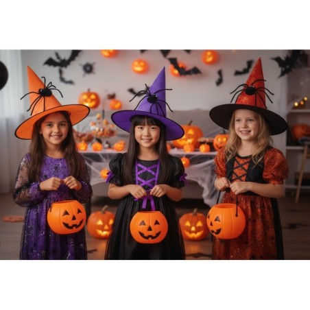 CHAPEAU DE SORCIERE ENFANT VIOLET ARANGE OU ROUGE AVEC ARAIGNEE 