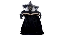 DECORATION HALLOWEEN SORCIERE AVEC LIVRE GRIMOIRE SON LUMIERE ET ANIME 190 CM