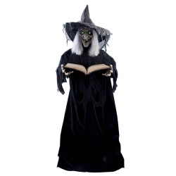 DECORATION HALLOWEEN SORCIERE AVEC LIVRE GRIMOIRE SON  LUMIERE ET ANIME 190 CM
