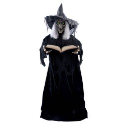DECORATION HALLOWEEN SORCIERE AVEC LIVRE GRIMOIRE SON  LUMIERE ET ANIME 190 CM
