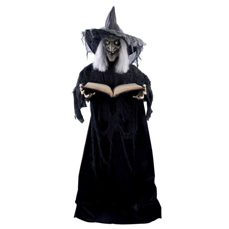 DECORATION HALLOWEEN SORCIERE AVEC LIVRE GRIMOIRE SON LUMIERE ET ANIME 190 CM