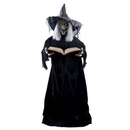 DECORATION HALLOWEEN SORCIERE AVEC LIVRE GRIMOIRE SON  LUMIERE ET ANIME 190 CM