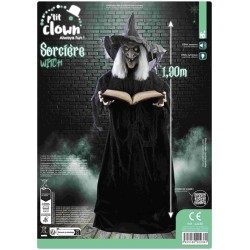 DECORATION HALLOWEEN SORCIERE AVEC LIVRE GRIMOIRE SON  LUMIERE ET ANIME 190 CM