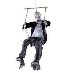 DECORATION HALLOWEEN ZOMBIE SUR BALANCOIRE SON  LUMIERE ET ANIME 80 CM