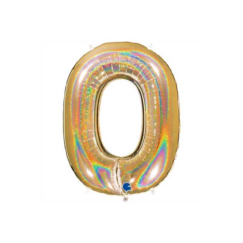 BALLON METALLIQUE CHIFFRE 0 OR HOLOGRAPHIQUE GLITTER 102 CM
