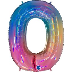 BALLON METALLIQUE CHIFFRE 0 HOLOGRAPHIQUE MULTICOLORE RAINBOW 102 CM 