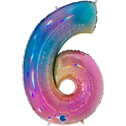 BALLON METALLIQUE CHIFFRE 6 HOLOGRAPHIQUE MULTICOLORE RAINBOW 102 CM