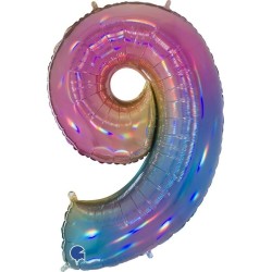 BALLON METALLIQUE CHIFFRE 9 HOLOGRAPHIQUE MULTICOLORE RAINBOW 102 CM