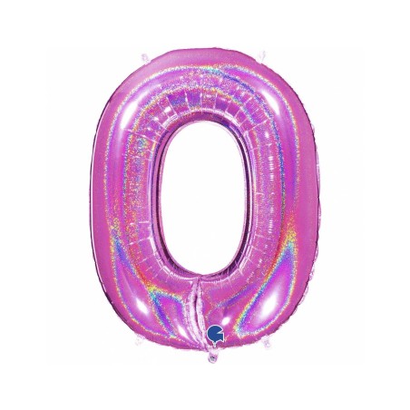 BALLON METALLIQUE CHIFFRE 0 HOLOGRAPHIQUE GLITTER FUSHIA 102CM 