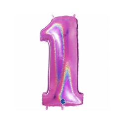 BALLON METALLIQUE CHIFFRE 1 HOLOGRAPHIQUE GLITTER FUSHIA 102CM
