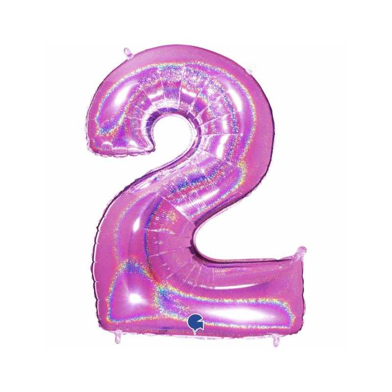 BALLON METALLIQUE CHIFFRE 2 HOLOGRAPHIQUE GLITTER ROSE FUCHSIA 102CM 
