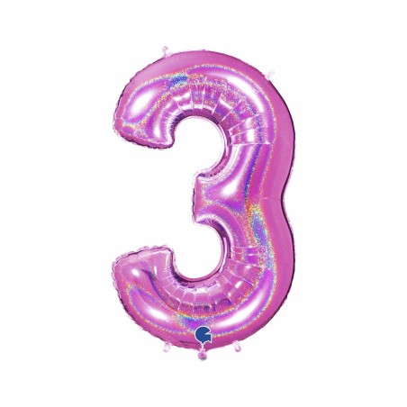 BALLON METALLIQUE CHIFFRE 3 HOLOGRAPHIQUE GLITTER FUSHIA 102CM 