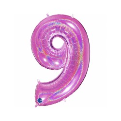 BALLON METALLIQUE CHIFFRE 9 HOLOGRAPHIQUE GLITTER ROSE FUCHSIA 102CM 