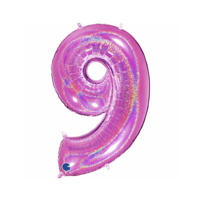 BALLON METALLIQUE CHIFFRE 9 HOLOGRAPHIQUE GLITTER ROSE FUCHSIA 102CM 