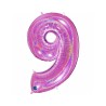 BALLON METALLIQUE CHIFFRE 9 HOLOGRAPHIQUE GLITTER ROSE FUCHSIA 102CM 