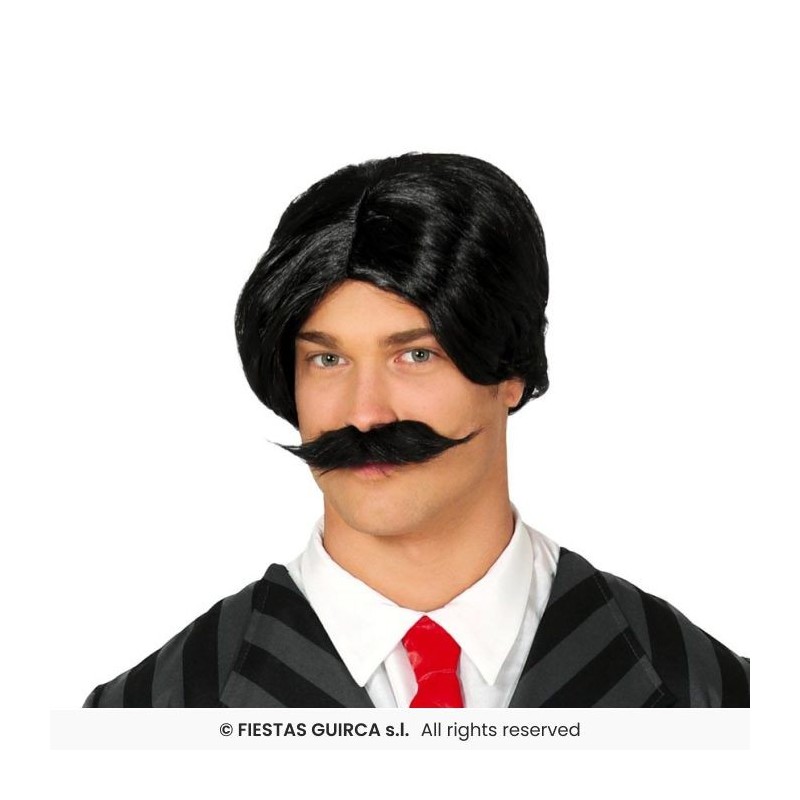 PERRUQUE MERCREDI HOMME CHEVEUX NOIRS + MOUSTACHE PERRUQUE MERCREDI HOMME CHEVEUX NOIRS + MOUSTACHE