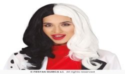 PERRUQUE NOIRE ET BLANCHE FEMME CRUELLE LONGS CHEVEUX LISSES SANS FRANGE