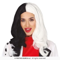 PERRUQUE NOIRE ET BLANCHE FEMME CRUELLE LONGS CHEVEUX LISSES SANS FRANGE