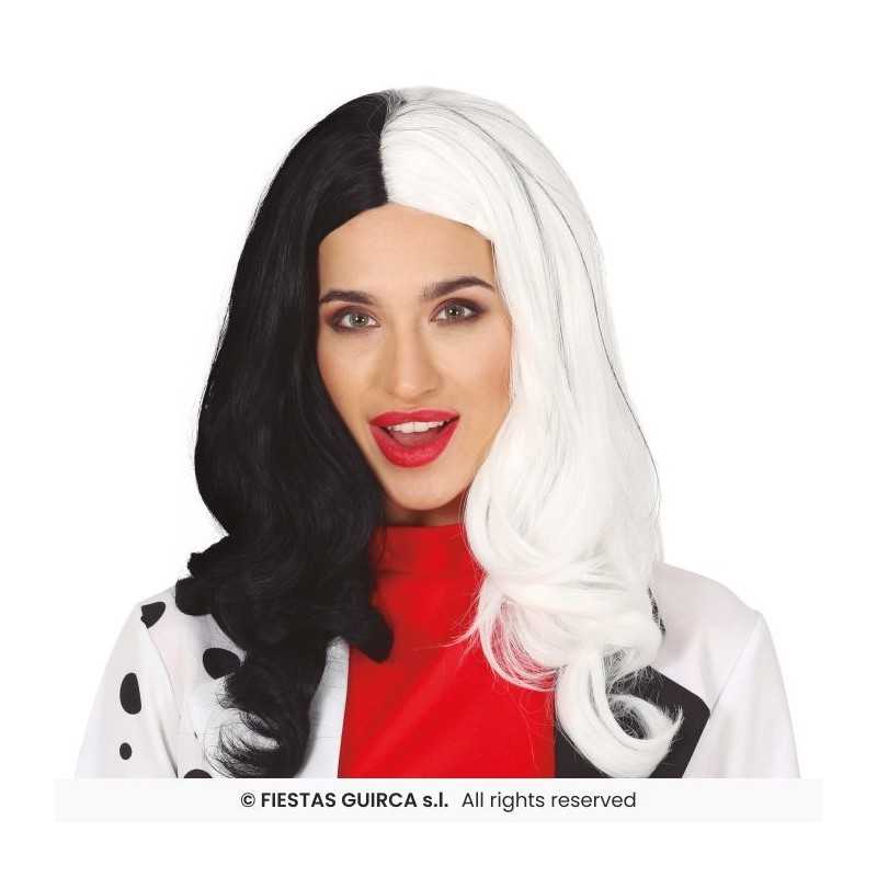 PERRUQUE NOIRE ET BLANCHE FEMME CRUELLE LONGS CHEVEUX LISSES SANS FRANGE