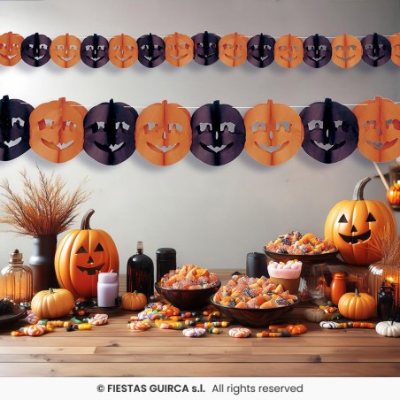 GUIRLANDE EN PAPIER TETES DE CITROUILLE NOIR ET ORANGE 22 CM X 3 M
