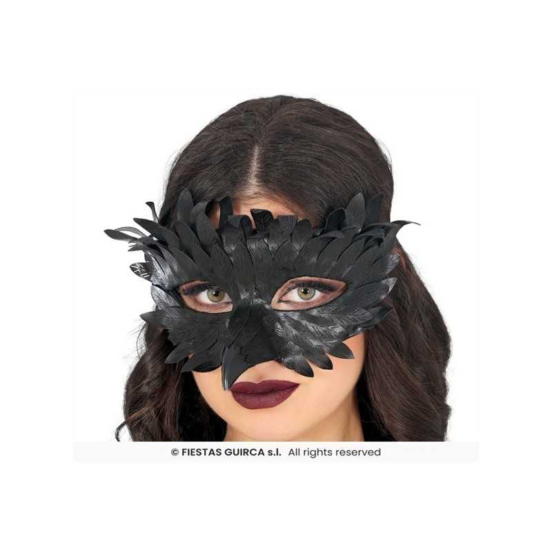 DEMI MASQUE BEC AVEC PLUMES OISEAU NOIR