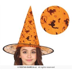 CHAPEAU DE SORCIERE ENFANT ORANGE AVEC IMPRIMES